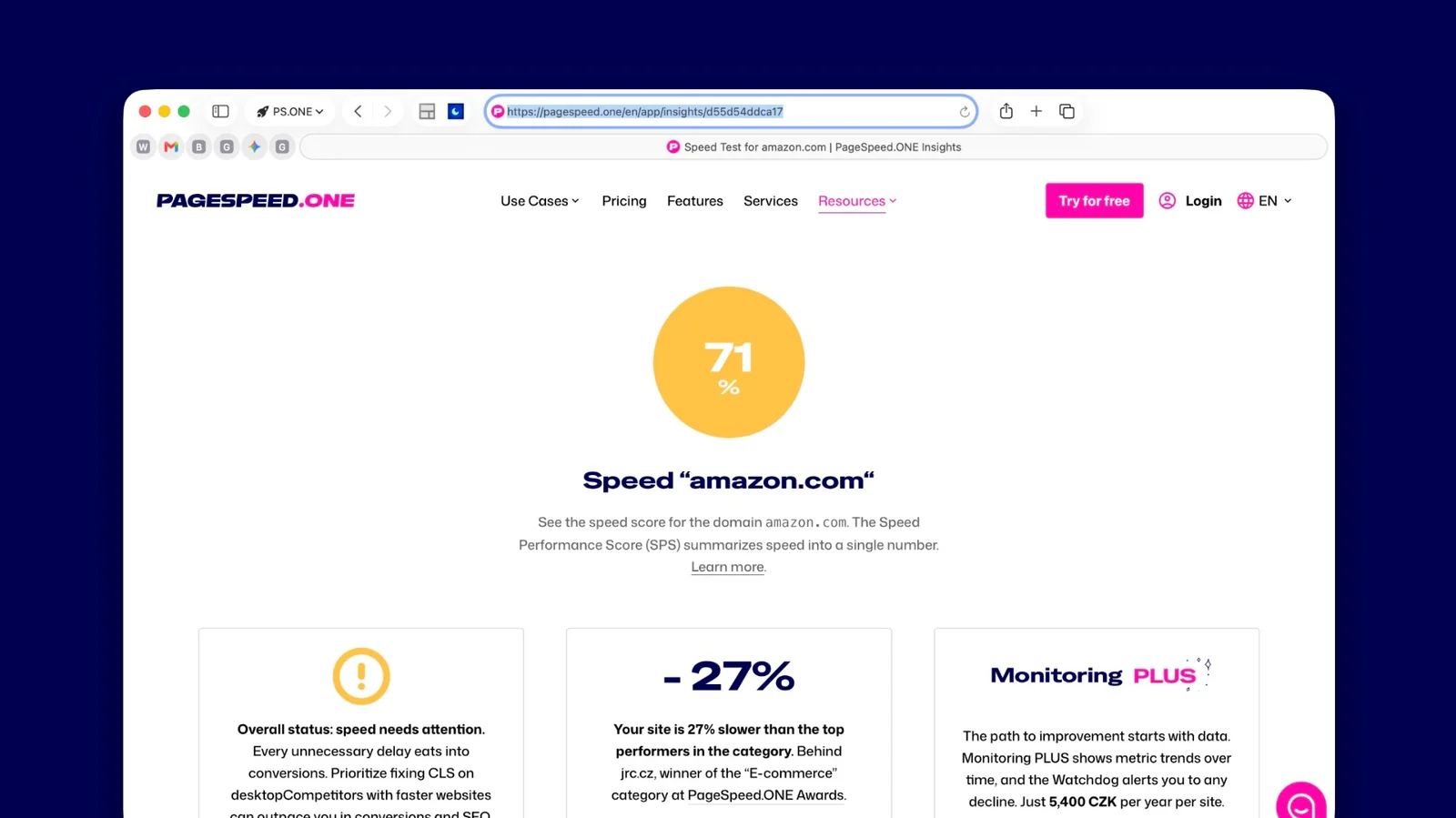 Test rychlosti webu PageSpeed.ONE se skóre rychlosti u reálných uživatelů