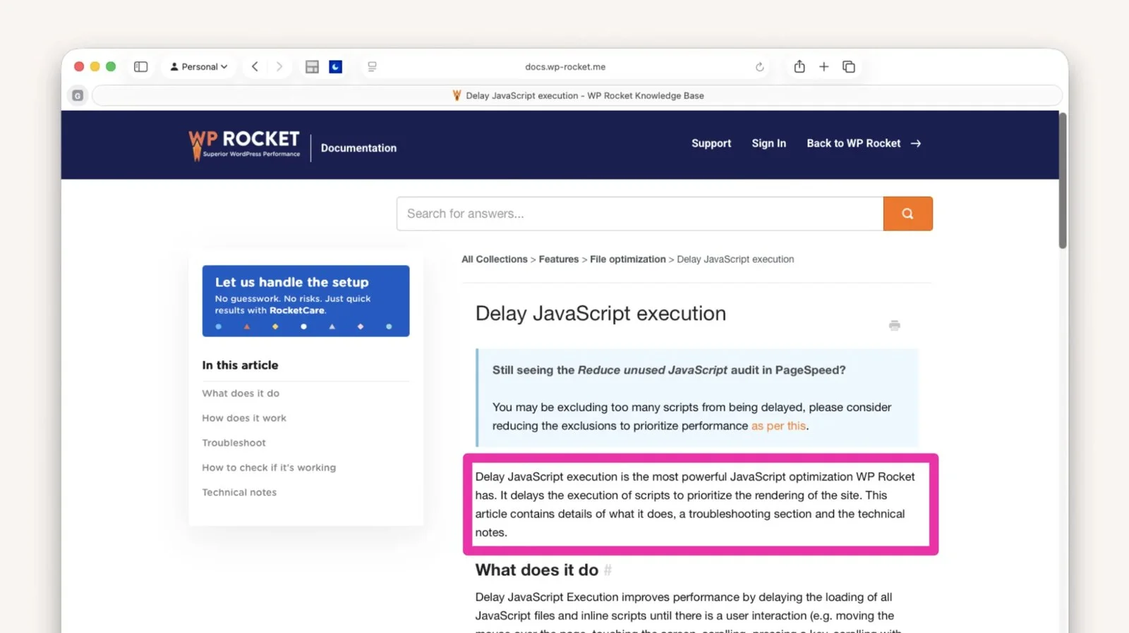 Dokumentace WP Rocket k nastavení Delay JavaScript execution