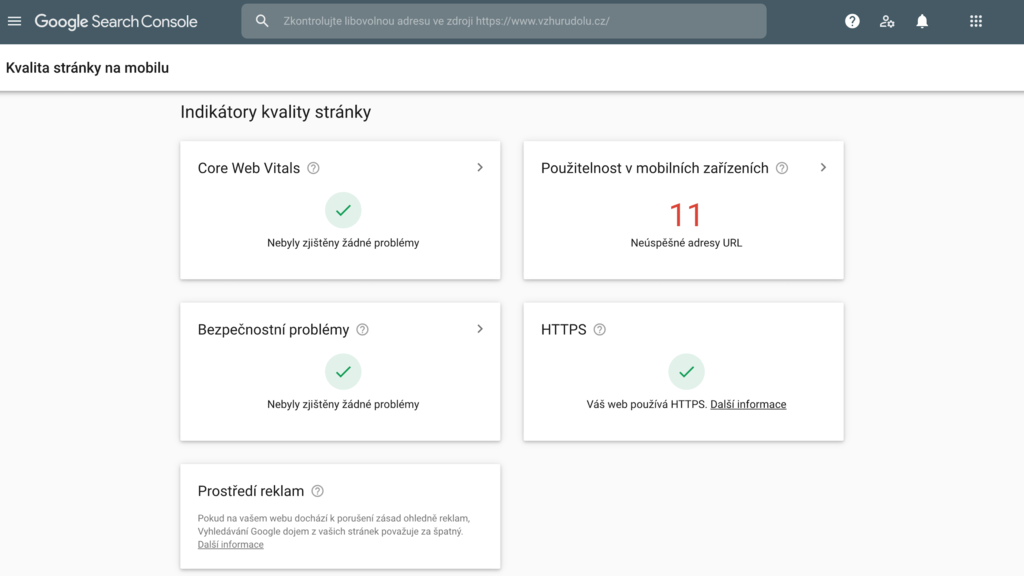Report „Indikátry kvality stránky“ v Google Search Console
