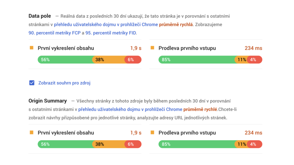 Data pole v PageSpeed Insights