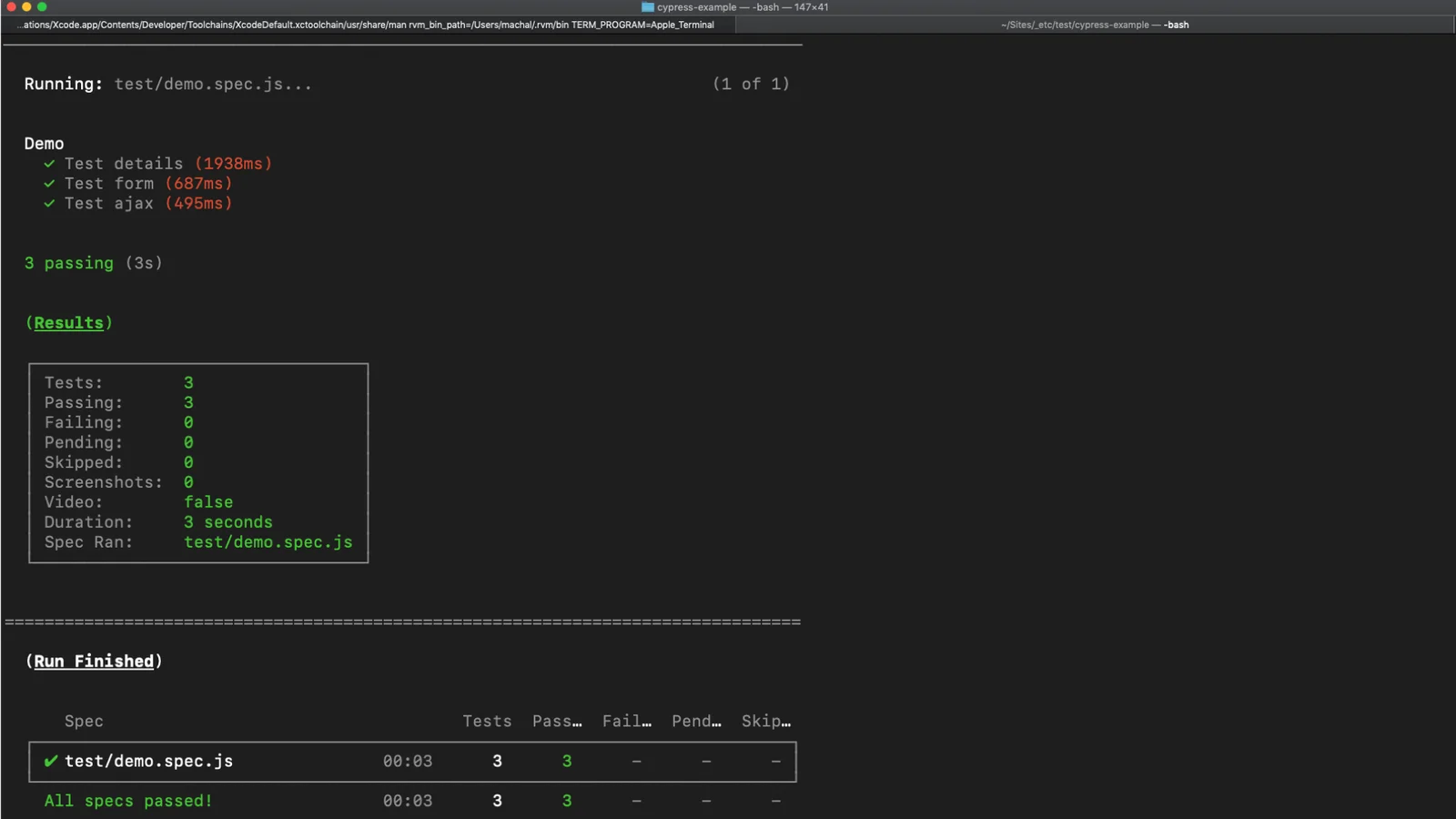 Obrazovka terminálu s výsledky Cypress.js