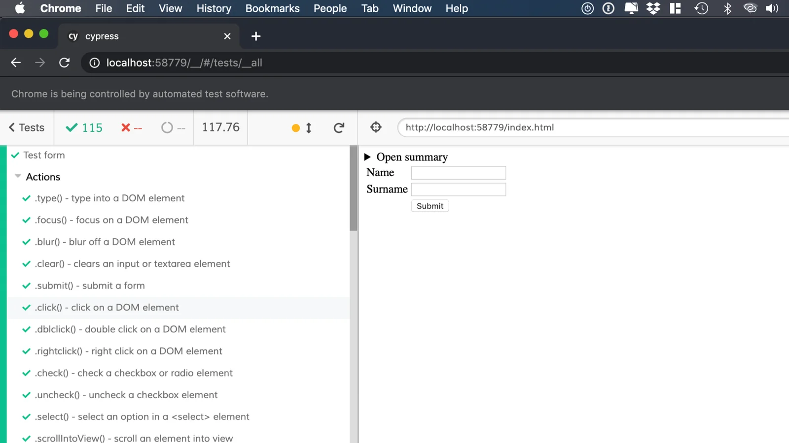 Obrazovka s výsledky Cypress.js