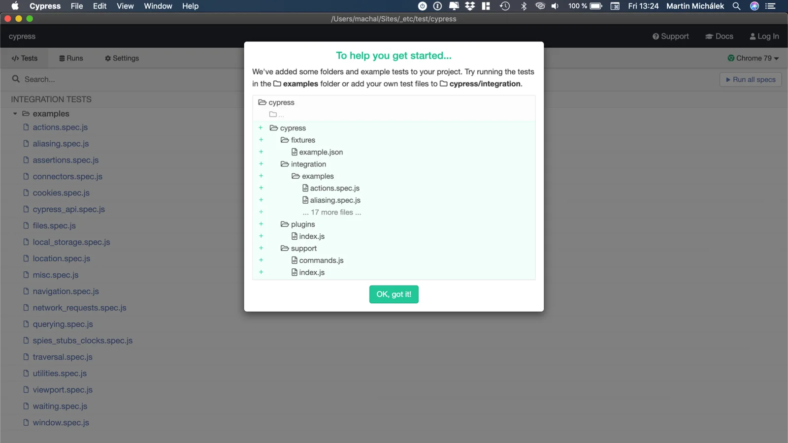 Úvodní obrazovka Cypress.js