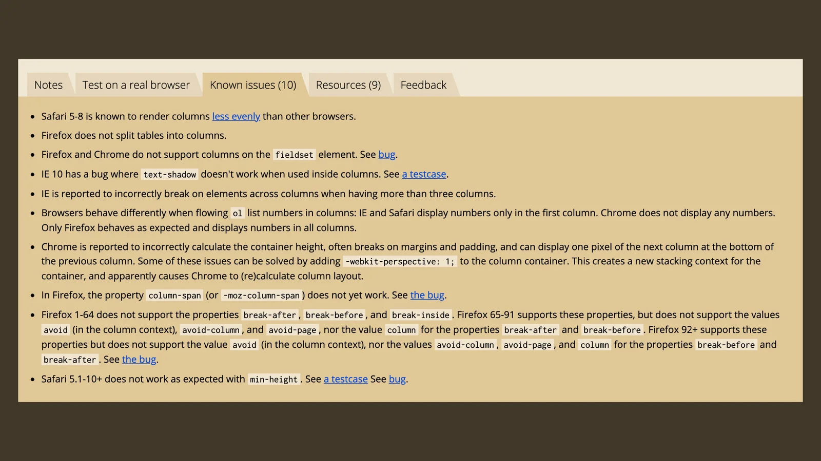 Podpora vícesloupcového layoutu v prohlížečích na CanIUse - záložka issues