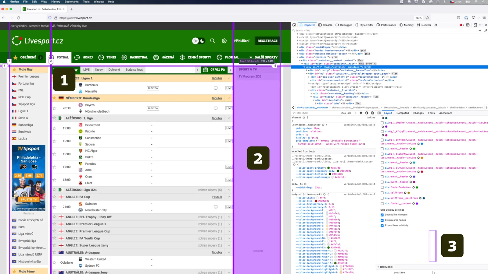 Livesport.cz v DevTools Firefoxu