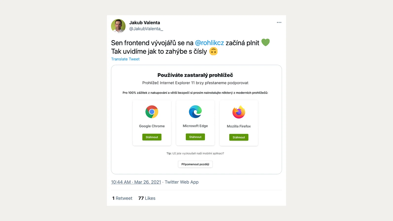 Jakub Valenta z Rohlíku a obrazovka pro uživatele MSIE