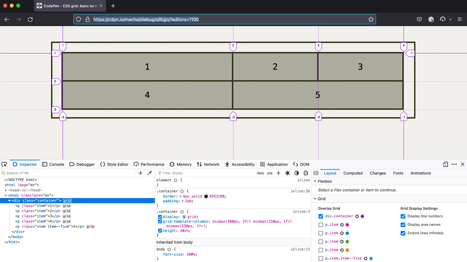 Inspektor CSS gridu ve Firefoxu
